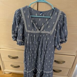 Blue Boho Dress with White Embroidery